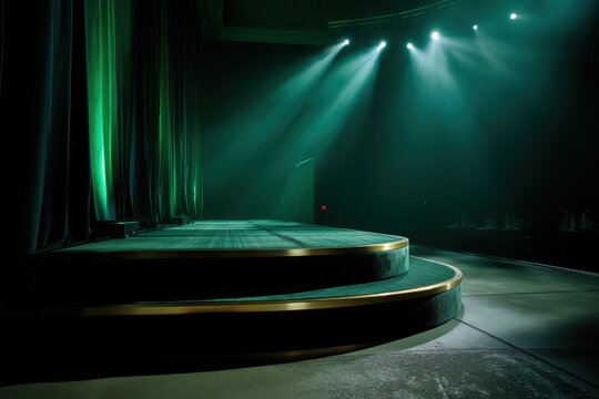 A plush velvet podium, edged with polished brass, stands illuminated by emerald spotlights on a formal stage, ready for an elegant event.