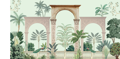 Traditional Mughal Garden Illustration, Mughal Arch with Garden Illustration, Mughal Wall Mural.  © Sharif