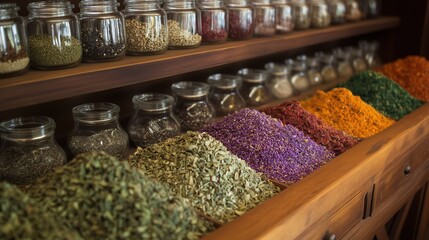Cozy spices or herbal pharmacy, where neatly poured slides of various dried herbs, spices and floral mixtures are visible in the foreground.