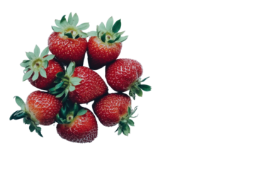 A cluster of ripe strawberries with attached green leaves placed neatly on a plain white background, highlighting the freshness and juiciness of the fruit.