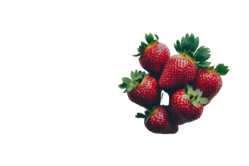 A cluster of ripe strawberries with attached green leaves placed neatly on a plain white background, highlighting the freshness and juiciness of the fruit.