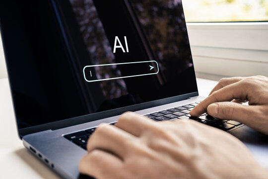 Generate content with AI prompt. Text or image generator in laptop. Artificial intelligence search engine. Website SEO technology tool. Man using computer in digital data business. - Powered by Adobe