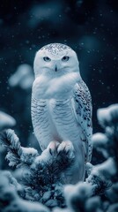 Snowy Owl in Winter Forest Serenity on a snow-covered branch