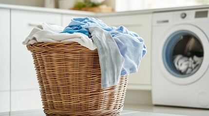A wicker basket, filled with dirty clothes in light blue and white colors, standing in a modern laundry near a washing machine.