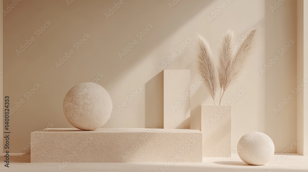 Poster minimalist scene displaying a stage with textured geometric shapes and pampas grass accent in a gent