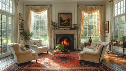 Elegant Living Room with Fireplace and Large Windows