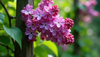 Fototapeta premium Lilac blossoms cascading down a wooden trellis, blooming, natural, foliage