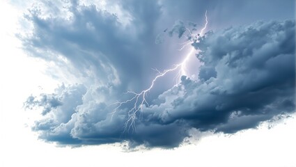 Fototapeta premium Dramatic stormy sky with dark swirling clouds streaks of lightning and chaotic patterns on a white backdrop