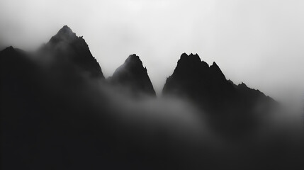 A dark, misty mountain pass, with jagged peaks hidden by swirling fog and shadows.

