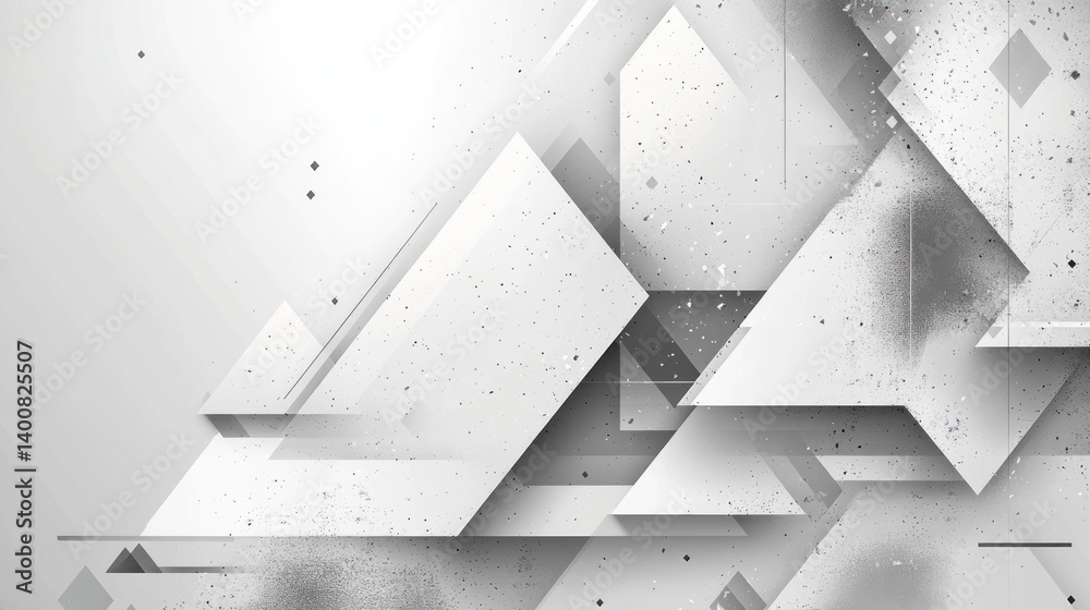Poster abstract geometric composition in grayscale a dynamic display of layered triangles and speckled text