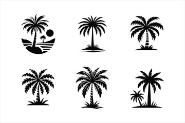 Set of tropical palm tree icons in black silhouette style with beach and sunset elements
