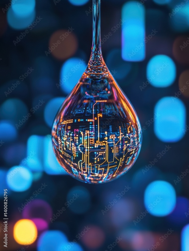 Poster capturing the essence of technology in nature through a macro water droplet reflecting digital circu