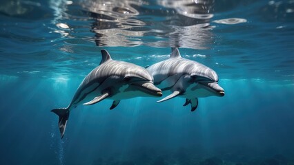 Fototapeta premium Two dolphins swimming in clear blue ocean water with sunlight streaming through the surface
