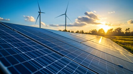 Solar panels and wind turbines generate renewable energy under a blue sky at sunset.