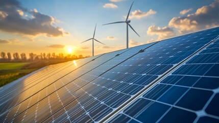 Solar panels and wind turbines generate clean energy at sunset with buildings in distance.