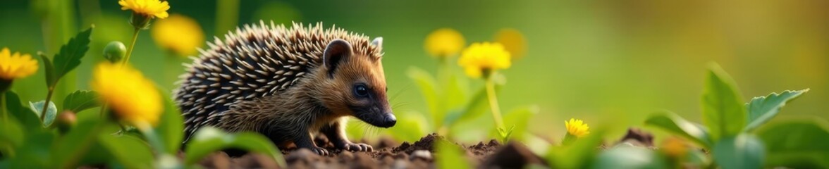 Fototapeta premium Prickly hedgehog snuggled up around trefoil plant, prickly hedgehog, garden