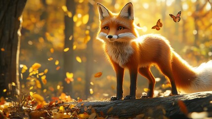 A fox with smooth, bright orange fur stands confidently in a sunlit forest. The fox is joyful and playful, as if ready to embark on an adventure. The forest around is colorful, autumn leaves are scatt