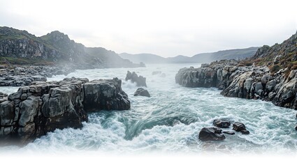 Fototapeta premium Powerful river surging through rugged landscape with mist above eroded rocks Dynamic nature scene isolated on white
