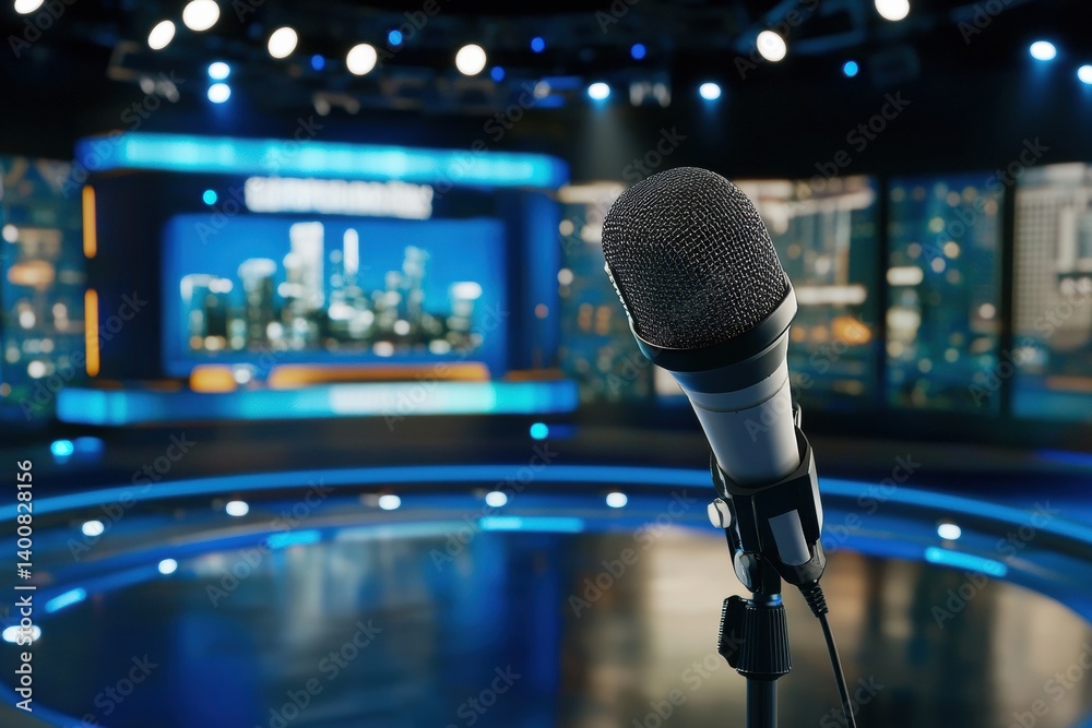Poster live broadcast setup featuring microphone, countdown timer, and breaking news banner in a modern stu