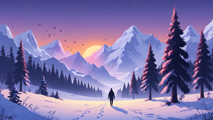 Winter Sunset Landscape &ndash; Semi-Flat Digital Illustration with Snowy Mountains and Pine Trees