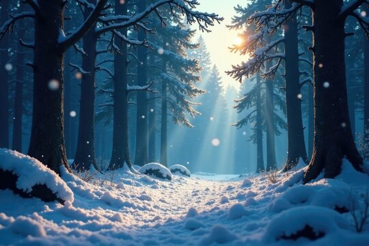 Snowflakes dance in the faint moonbeams of the forest, moonbeam, snowflake, shadows