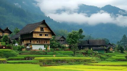 Scenic Mountain Village Landscape Featuring Traditional Asian Houses Green Rice Terraces and Overcast Sky with Rolling Hills