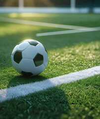 Fototapeta premium Soccer ball resting on the vibrant green field at sunset, ready for an exciting match or practice session of the beloved sport