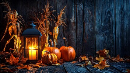 Rustic wooden backdrop with glowing lanterns, pumpkins, and dried cornstalks in a cozy fall arrangement.