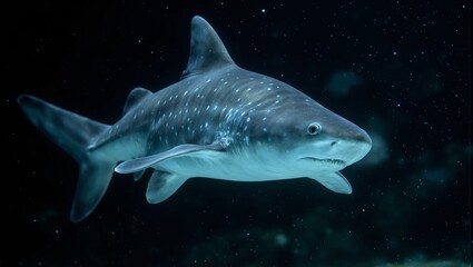 Obraz premium Ethereal ghost shark with translucent skin and bioluminescent spots drifting gracefully in deep clear water A mesmerizing underwater spectacle