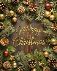 A festive Merry Christmas frame made of pine branches and gold ornaments on a background.
