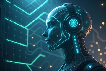 Digital robot head with neon circuits in cyber environment Futuristic robot head with glowing circuits and headphones against a tech background.