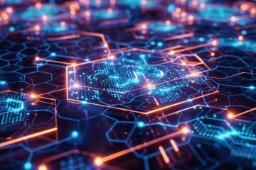 An abstract technology background with a network of glowing blue hexagons and electronic circuitry elements