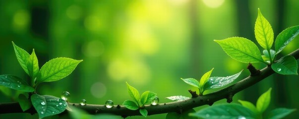 Springtime leaves and branches with dew drops, dew, forest, summer
