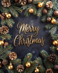 A festive Merry Christmas frame made of pine branches and gold ornaments on a dark blue background.