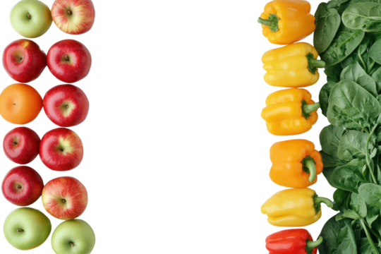 A vibrant assortment of fresh fruits and vegetables arranged neatly on a white background, featuring bright red apples, green leafy spinach