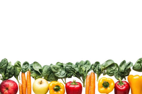 A vibrant assortment of fresh fruits and vegetables arranged neatly on a white background, featuring bright red apples, green leafy spinach