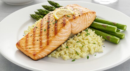 Grilled salmon with lemon rice and asparagus, served elegantly on a white plate