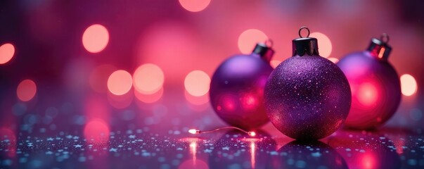 Fototapeta premium Twinkling pink lights reflect off glass ornaments, shiny ornaments, festive atmosphere