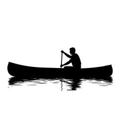 Canoeist paddles calmly a canoe on reflective water creating ripples silhouette is in solid black