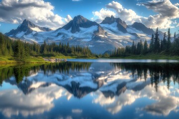 A picturesque mountain range reflected in a serene lake under a cloudy blue sky landscape view