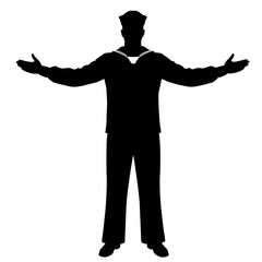 Sailor silhouette stands welcoming gesturing with open arms on white background