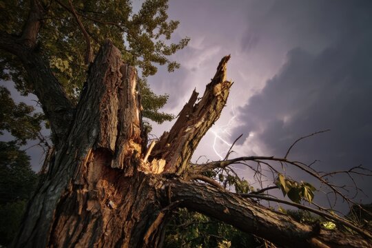 A colossal tree exhibits splintered bark and scattered limbs, illuminated by the lingering glow of a recent lightning strike against a dramatic, stormy sky.