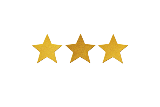 A vibrant price sticker featuring three bold, golden stars, centrally placed on a pristine white surface with a smooth matte finish