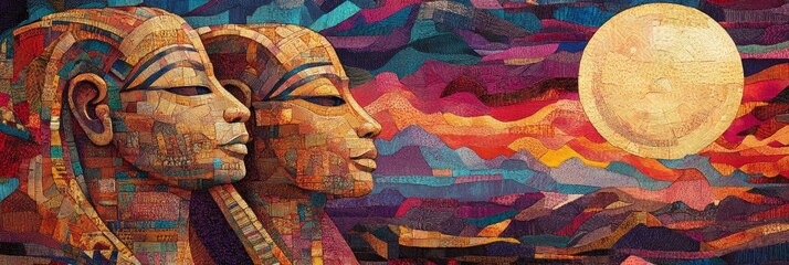 Egyptian sculptures stand against a colorful sky with a full moon.
