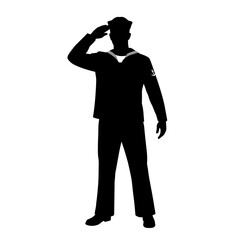 Navy sailor salutes stands in silhouette wearing uniform and hat with anchor emblem honorably