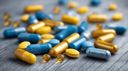 Assorted Gold and Blue Capsules and Tablets on Wood