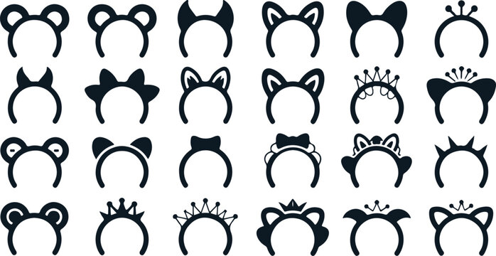 Cute headband icon set vector illustrations of animal ears, tiaras, bows, and party costume headpieces for kids and events
