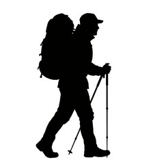 Hiker silhouette walks using trekking poles on a white background ideal for outdoor adventure themes