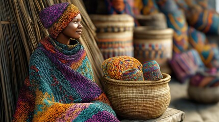 Fototapeta premium Woman in vibrant traditional clothing amidst colorful handcrafted baskets