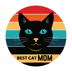 Retro-style vector illustration of a black cat face with colorful stripes and "Best Cat Mom" text—perfect for cat lovers and pet-themed designs.